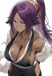 Rule 34 | 1girl, breasts, cleavage, dark-skinned female, dark skin, er, female focus, highres, large breasts, long hair, part, parted lips, ponytail, purple hair, shihouin yoruichi, smile, solo, twitter username, yellow eyes