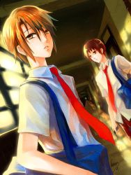 Rule 34 | 00s, 2boys, arm at side, bag, brown hair, cellphone, closed mouth, collared shirt, door, dress shirt, dutch angle, hallway, holding, holding phone, indoors, koizumi itsuki, kyon, looking at viewer, looking away, male focus, multiple boys, necktie, orange hair, parted lips, phone, red hair, red necktie, school, school uniform, shade, shirt, short sleeves, shoulder bag, signature, standing, suzumiya haruhi no yuuutsu, upper body, white shirt, window, yellow eyes, yin xing zi