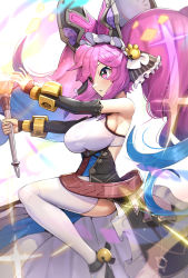 Rule 34 | 1girl, bell, blue hair, bow, breasts, cleo (dragalia lost), commentary request, dragalia lost, dress, gonzarez, gradient hair, hair bell, hair bow, hair ornament, hair ribbon, highres, large breasts, multicolored hair, pink eyes, pink hair, purple hair, ribbon, solo, staff, twintails, white dress, white legwear