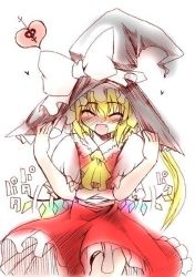 Rule 34 | 1girl, ^ ^, black hat, blonde hair, blouse, blush, borrowed clothes, closed eyes, collared shirt, cowboy shot, female focus, flandre scarlet, hat, headwear switch, hisame genta, kirisame marisa, md5 mismatch, shirt, simple background, solo, touhou, white background, white shirt, wings, witch hat