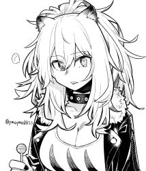 Rule 34 | 1girl, animal ears, arknights, breasts, candy, cleavage, collar, food, fur-trimmed jacket, fur trim, greyscale, hair between eyes, highres, holding, holding candy, holding food, holding lollipop, jacket, large breasts, leather, leather jacket, lion ears, lollipop, long hair, looking at viewer, monochrome, ponytail, siege (arknights), solo, studded collar, twitter username, upper body, yom (ymayma00ss)