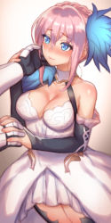 Rule 34 | 1girl, alphen (tales), alternate costume, blue eyes, blue hair, blush, breasts, cleavage, detached sleeves, dress, folks (nabokof), holding hands, hand on another&#039;s face, looking at another, official alternate costume, pink hair, shionne (tales), smile, solo focus, spoilers, tales of (series), tales of arise
