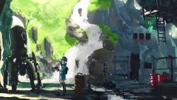 Rule 34 | 1girl, backpack, bag, blue hair, blurry, boots, cave, chain-link fence, drum (container), fence, gas pump nozzle, gas tank, green hat, hair bobbles, hair ornament, hat, highres, kaatoso, kawashiro nitori, knee boots, ladder, looking at viewer, looking to the side, mecha, one eye closed, robot, scenery, shadow, sketch, smile, solo, touhou, twintails, v, water, waterfall