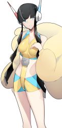 Rule 34 | 1girl, arm at side, bare shoulders, bike shorts, black hair, blue eyes, blunt bangs, breasts, closed mouth, coat, collarbone, commentary request, creatures (company), elesa (pokemon), fur coat, game freak, hand up, headphones, highres, looking to the side, nintendo, pokemon, pokemon bw2, puffer coat, short hair with long locks, solo, white background, yellow coat, yuuyuu (yuuki1771)