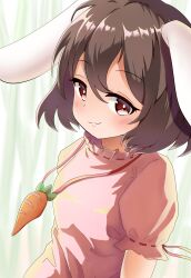 Rule 34 | 1girl, :3, animal ears, blush, breasts, brown eyes, brown hair, carrot necklace, closed mouth, commentary request, floppy ears, hair between eyes, highres, inaba tewi, jewelry, looking at viewer, necklace, pink shirt, puffy short sleeves, puffy sleeves, rabbit ears, rabbit girl, ribbon-trimmed sleeves, ribbon trim, shirt, short hair, short sleeves, small breasts, smile, solo, tetorariumu, touhou, upper body