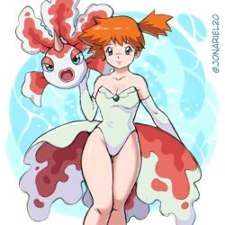 Rule 34 | 1girl, asymmetrical hair, bare shoulders, blue eyes, breasts, cleavage, closed mouth, creature and personification, creatures (company), elbow gloves, female focus, game freak, gen 1 pokemon, gloves, goldeen, green eyes, highres, horn, horns, jonariel20, leotard, looking at viewer, misty (pokemon), nintendo, open mouth, orange hair, pokemon, pokemon (anime), pokemon (classic anime), pokemon rgby, ponytail, short hair, side ponytail, simple background, single horn, small breasts, smile, solo, swimsuit, white gloves, white leotard