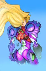Rule 34 | 1girl, a.b.singh, arm cannon, armor, ass, blonde hair, cropped legs, floating hair, from behind, gravity suit (metroid), highres, long hair, looking at viewer, looking back, metroid, metroid dread, nintendo, power armor, power suit, samus aran, simple background, solo, standing, weapon