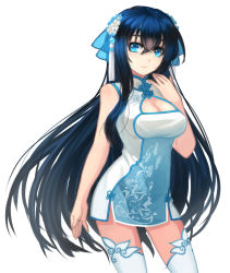 Rule 34 | 1girl, black hair, blue eyes, blush, breasts, china dress, chinese clothes, cleavage cutout, clothing cutout, contrapposto, cowboy shot, douyougen, dress, female focus, flower, hair flower, hair ornament, hair ribbon, large breasts, long hair, looking at viewer, original, ribbon, simple background, solo, standing, thighhighs, very long hair, white background