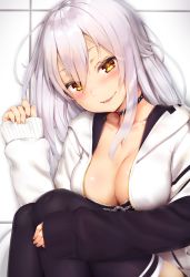 Rule 34 | 1girl, :p, azuma lim, black bra, black choker, black thighhighs, blush, bow, bow bra, bra, breasts, brown eyes, choker, cleavage, closed mouth, collarbone, commentary request, cyber v, fingernails, hair between eyes, head tilt, highres, hood, hood down, hooded jacket, jacket, large breasts, long hair, long sleeves, looking at viewer, reinama, silver hair, sitting, sleeves past wrists, smile, solo, thighhighs, tile wall, tiles, tongue, tongue out, underwear, virtual youtuber, white jacket