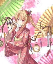 Rule 34 | 10s, 1girl, 2012, ahoge, alternate costume, alternate wings, blonde hair, cherry blossoms, chopsticks, eating, female focus, flandre scarlet, flower, food, gurasion (gurasion), hair flower, hair ornament, hanging, highres, japanese clothes, kimono, lantern, long hair, looking at viewer, mochi, new year, no headwear, no headwear, obi, patterned, red eyes, sash, side ponytail, sleeves pushed up, smile, solo, tassel, embodiment of scarlet devil, touhou, umbrella, wagashi, wide sleeves, wings