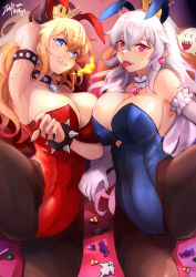 Rule 34 | absurdres, animal ears, armlet, blonde hair, blue leotard, boo (mario), bowsette, bracelet, breasts, brooch, collar, covered navel, earrings, elbow gloves, fake animal ears, fang, fire, gloves, grin, highleg, highleg leotard, highres, jewelry, large breasts, leotard, long hair, luigi&#039;s mansion, mario (series), messy hair, new super mario bros. u deluxe, nintendo, open mouth, pantyhose, playboy bunny, pointy ears, princess king boo, rabbit ears, red leotard, sharp teeth, smile, spiked collar, spikes, super crown, teeth, tongue, tongue out, white gloves, white hair, zee n3