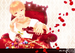 Rule 34 | 2boys, alcohol, blonde hair, bottle, bracelet, brown eyes, brown hair, chair, chibi, couch, cross, cup, drinking glass, fate/zero, fate (series), gem, gilgamesh (fate), goldenslumbers, jewelry, kotomine kirei, male focus, multiple boys, necklace, official alternate costume, pearl (gemstone), petals, plant on head, red eyes, wine, wine glass