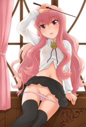 Rule 34 | 00s, 1girl, bad id, bad pixiv id, clothes lift, face, ha-ru, louise francoise le blanc de la valliere, panties, panty pull, pentacle, pink eyes, pink hair, pink panties, see-through, skirt, skirt lift, solo, thighhighs, underwear, wand, zero no tsukaima