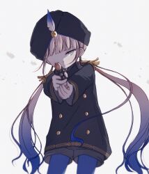 Rule 34 | 1boy, aiming, aiming at viewer, black coat, black headwear, blue hair, blue pantyhose, blunt bangs, blurry, brown hair, buttons, captain nemo (fate), coat, commentary request, cowboy shot, depth of field, double-breasted, epaulettes, fate/grand order, fate (series), gold trim, gradient hair, grey eyes, grey shorts, gun, half-closed eyes, handgun, hat feather, highres, holding, holding gun, holding weapon, long hair, long sleeves, low twintails, multicolored hair, nemo (fate), no mouth, pantyhose, pantyhose under shorts, saitoh michiru, shaded face, short shorts, shorts, sidelighting, simple background, solo, turban, twintails, two-handed, weapon, white background
