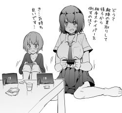 Rule 34 | 1boy, 1girl, age difference, blush, breast pocket, breasts, choker, collared shirt, greyscale, large breasts, long sleeves, monochrome, necktie, nintendo switch, open mouth, original, playing games, pocket, ryouma (galley), school uniform, shirt, short hair, short sleeves, simple background, sitting, skirt, translation request, white background
