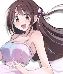 Rule 34 | 1girl, bare shoulders, blush, bow, breasts, brown eyes, brown hair, cleavage, collarbone, dot nose, dress, dress bow, hair bow, hair ribbon, hand up, idolmaster, idolmaster cinderella girls, idolmaster cinderella girls starlight stage, lens flare, long hair, looking at viewer, medium breasts, one side up, open mouth, penguin potof, pink bow, pink dress, pink ribbon, ribbon, shadow, shimamura uzuki, simple background, sleeveless, sleeveless dress, smile, solo, teeth, upper body, upper teeth only, white background