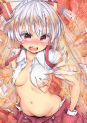 Rule 34 | 1girl, blush, bow, breasts, chikado, cleavage, collarbone, collared shirt, fire, flying sweatdrops, fujiwara no mokou, gluteal fold, hair bow, hands in pockets, long hair, navel, no panties, open mouth, pants, red eyes, revision, shirt, silver hair, small breasts, solo, stomach, tears, teeth, torn clothes, touhou, underboob, very long hair, wavy mouth, white shirt