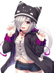 Rule 34 | 1girl, :d, absurdres, animal ears, animal hat, bell, black collar, black hat, black jacket, blue shorts, blush, breasts, cat ears, cat girl, cat hair ornament, cat hat, cat tail, cleavage, collar, collarbone, commentary request, cowboy shot, dress shirt, fangs, fingernails, hair ornament, hair over one eye, hands up, hasumi (hasubatake39), hat, highres, jacket, jingle bell, kuon (hasumi (hasubatake39)), long sleeves, navel, neck bell, open clothes, open jacket, open mouth, original, red eyes, shirt, short shorts, shorts, silver hair, simple background, small breasts, smile, solo, tail, tail raised, white background, white shirt