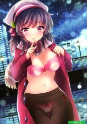 Rule 34 | 1girl, absurdres, black hair, blurry, bokeh, bra, breasts, brown pantyhose, building, cameltoe, cleavage, coat, cowboy shot, depth of field, duffel coat, fringe trim, highres, ichiyou moka, index finger raised, lamppost, large breasts, long sleeves, melonbooks, navel, night, night sky, open clothes, open coat, outdoors, panties, panties under pantyhose, pantyhose, pink bra, pink panties, railing, red coat, red eyes, reflection, scan, scarf, side-tie panties, sky, smile, solo, standing, star (sky), starry sky, stomach, thigh gap, thighband pantyhose, underwear, white headwear