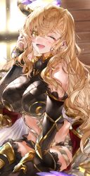 Rule 34 | 1girl, absurdres, backlighting, bare shoulders, black thighhighs, blonde hair, blush, breasts, cloak, crop top, detached sleeves, granblue fantasy, hand in own hair, head wings, highres, kou mashiro, large breasts, long hair, looking at viewer, md5 mismatch, navel, one eye closed, open mouth, resolution mismatch, sidelocks, sitting, smile, solo, source smaller, thighhighs, tweyen (granblue fantasy), wavy hair, white cloak, window, wings, yellow eyes