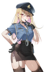 Rule 34 | 1girl, absurdres, black choker, black gloves, black hat, black skirt, black thighhighs, blonde hair, blue shirt, breast pocket, breasts, choker, collared shirt, commentary request, cowboy shot, cuffs, earrings, gloves, grin, gyaru, hair ornament, hairclip, halloween, hand up, handcuffs, hat, highres, holding, holding handcuffs, jewelry, kitagawa marin, kogal, large breasts, long hair, looking at viewer, multicolored hair, parted lips, pink hair, piyopoyo, pocket, police, police hat, police uniform, policewoman, red eyes, shirt, shirt tucked in, short sleeves, simple background, skirt, smile, streaked hair, teeth, thighhighs, thighs, two-tone hair, uniform, white background