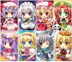 Rule 34 | 6+girls, :3, alice margatroid, animal ears, apron, bad id, bad pixiv id, bat wings, bishamonten&#039;s pagoda, blonde hair, blue eyes, book, bow, capelet, chibi, dress, flandre scarlet, food, frilled dress, frilled sleeves, frills, green eyes, grey hair, hair ornament, hat, hat bow, hong meiling, izayoi sakuya, jewelry, long sleeves, maid apron, maid headdress, mayo (miyusa), mob cap, mouse (animal), mouse ears, mouse tail, multiple girls, navel, omelet, omurice, one eye closed, open mouth, panda, patchouli knowledge, pendant, purple hair, red eyes, red hair, remilia scarlet, short sleeves, tail, toramaru shou, touhou, wings