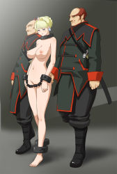 Rule 34 | 1girl, 2boys, ankle cuffs, ass, ass grab, bald, barefoot, bdsm, blonde hair, blue eyes, bondage, boots, bound, braid, breasts, clothed male nude female, collar, convenient censoring, cuffs, earrings, french braid, full body, groping, jewelry, large breasts, makochin, military, military uniform, multiple boys, navel, nipples, nude, original, pointy ears, princess, prisoner, queen, red hair, shackles, short hair, slave, sword, tagme, tiara, uniform, weapon