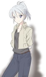 Rule 34 | 1girl, arms behind back, belt, blue eyes, blue pants, breasts, brown belt, cleavage, closed mouth, collarbone, collared jacket, grey shirt, hair between eyes, high ponytail, highres, jacket, long sleeves, melty blood, open clothes, open jacket, pants, riesbyfe stridberg, shirt, short hair, silver hair, simple background, sketch, small breasts, smile, solo, standing, taniryuu2, tsukihime, white background, white jacket, wing collar