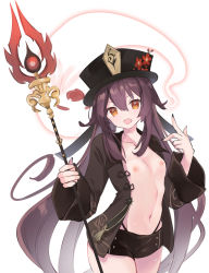 Rule 34 | 1girl, black nails, breasts, brown hair, cowboy shot, closed eyes, fang, flower, genshin impact, ghost, hat, hat flower, highres, hu tao (genshin impact), kurun (kurun777), long hair, long sleeves, looking at viewer, nail polish, navel, nipples, open clothes, open mouth, polearm, red eyes, short shorts, shorts, simple background, small breasts, smile, solo, swimsuit, symbol-shaped pupils, top hat, topless, twintails, very long hair, weapon, white background