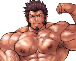 Rule 34 | 1boy, abs, alternate muscle size, alternate skin color, armpit hair, armpits, bara, biceps, blue eyes, brown hair, commission, cross scar, facial hair, fate/grand order, fate (series), flexing, goatee, large pectorals, long sideburns, looking at viewer, male focus, mature male, muscular, muscular male, napoleon bonaparte (fate), nipples, nude, oiled, pectorals, scar, scar on chest, seductive smile, short hair, sideburns, skeb commission, smile, solo, strongman waist, terujirou (masateruteru), thick eyebrows, upper body, veins, veiny arms, white background