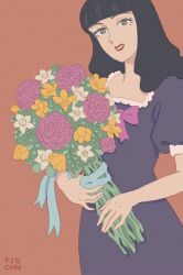 Rule 34 | 1girl, artist name, blue ribbon, bouquet, dress, figchn, flower, grey eyes, holding, holding bouquet, lipstick, long hair, looking at viewer, makeup, oniisama e..., purple dress, red background, ribbon, shinobu mariko, short sleeves, simple background, solo, standing