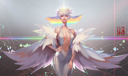 Rule 34 | 10s, 1girl, bare shoulders, breasts, choker, cleavage, crown, dress, feather boa, flipped hair, hand on own hip, kill la kill, kiryuuin ragyou, large breasts, mature female, mr. carp, multicolored hair, rainbow hair, short hair, solo, sparkle, white hair