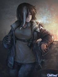 Rule 34 | 1girl, beige shirt, black hair, blue eyes, breasts, can, canned coffee, chain paradox, cigarette, city, copyright name, cowboy shot, denim, drink can, grey jacket, gun, hair over one eye, handgun, hetza (hellshock), holding, holstered, jacket, jeans, long hair, mechanical arms, medium breasts, open clothes, open jacket, outdoors, pants, pistol, scar, scar on face, shirt, single mechanical arm, smoke, solo, standing, trash can, twilight, weapon