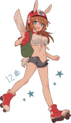 Rule 34 | 1girl, aged down, animal ears, backpack, bag, blue eyes, breasts, brown hair, casual, charlotte e. yeager, ears through headwear, helmet, letter, long hair, midriff, mochiya marosuke, navel, open clothes, open mouth, open shorts, rabbit ears, rabbit girl, rabbit tail, short shorts, shorts, simple background, skates, smile, solo, star (symbol), strike witches, tail, white background, world witches series