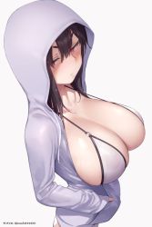 Rule 34 | 1girl, bikini, black hair, breasts, cleavage, closed mouth, grey background, hands in pockets, highres, hood, hood up, hooded jacket, huge breasts, jacket, long sleeves, mochi (mochi444420), o-ring, o-ring bikini, open clothes, open jacket, original, pink eyes, redrawn, simple background, solo, swimsuit, twitter username, upper body, wet, wet clothes, wet hair, wet swimsuit, white bikini, white jacket
