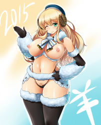 Rule 34 | 10s, 1girl, 2015, atago (kancolle), black gloves, black panties, blonde hair, breasts, cowboy shot, curvy, elbow gloves, female pubic hair, fur-trimmed gloves, fur-trimmed legwear, fur trim, g-string, gloves, green eyes, hand on own hip, hat, highres, horns, kantai collection, kemeko (kurobuchi2011), large breasts, long hair, looking at viewer, medium breasts, navel, new year, nipples, one eye closed, panties, pubic hair, revealing clothes, sheep horns, smile, solo, thighhighs, thong, underwear, wide hips