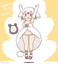 Rule 34 | 1girl, arms up, bare shoulders, coroha, dress, elbow gloves, fins, full body, gloves, harp, harp seal (kemono friends), head fins, instrument, jumping, kemono friends, looking at viewer, navel, panties, ribbon, sandals, short hair, simple background, solo, underwear, white dress, yellow background