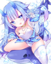Rule 34 | 1girl, arm up, azur lane, blue hair, blue theme, breasts, bubble, cleavage, collarbone, commentary request, horns, i-13 (azur lane), kabocha usagi, long hair, looking at viewer, open mouth, shark, simple background, single thighhigh, sitting, sitting on object, small breasts, solo, swimsuit, thick eyebrows, thighhighs, white background, white thighhighs