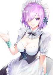 Rule 34 | 1girl, alternate costume, apron, black dress, blush, breasts, cleavage, detached collar, dress, enmaided, fate/grand order, fate (series), frills, hair over one eye, jas (annkoromochi), large breasts, light purple hair, looking at viewer, maid, maid headdress, mash kyrielight, open mouth, purple eyes, short hair, simple background, smile, solo, tray, underbust, white apron, white background, wrist cuffs