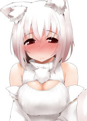 Rule 34 | 1girl, animal ears, bare shoulders, blush, breasts, cleavage, cleavage cutout, clothing cutout, detached sleeves, full-face blush, inubashiri momiji, large breasts, looking at viewer, meme attire, open-chest sweater, red eyes, ribbed sweater, short hair, simple background, sleeveless, sleeveless turtleneck, solo, standing, sweater, tail, terazip, touhou, turtleneck, white background, white hair, white theme, wolf ears, wolf tail