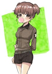 Rule 34 | 10s, 1girl, alisa (girls und panzer), blush, breasts, brown eyes, brown hair, blowing bubbles, chewing gum, freckles, girls und panzer, hair ornament, jacket, meis (terameisu), short hair, shorts, simple background, small breasts, solo, star (symbol), star hair ornament