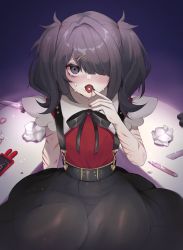 Rule 34 | 1girl, absurdres, ame-chan (needy girl overdose), bandages, black hair, blood, bow, cuts, dark background, dress, drugs, eyelashes, frills, hair ornament, hairpin, heart, highres, injury, k1r433k1, knife, looking at viewer, needy girl overdose, one eye covered, open mouth, pale skin, phone, pill, puffy short sleeves, puffy sleeves, self-harm, shadow, short hair, short sleeves, sidelocks, simple background, sitting, skirt, solo, suspender skirt, suspenders, tearing up, tears, tongue, twintails, wrist cutting