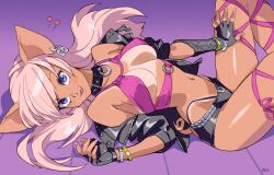 Rule 34 | 1girl, animal ears, black choker, blonde hair, blue eyes, choker, collar, earrings, fingerless gloves, gloves, heart, jacket, jewelry, journey to the west, leather, leather jacket, long hair, looking at viewer, lying, navel, o-ring, o-ring choker, open clothes, open jacket, open mouth, optionaltypo, pig ears, pig girl, pig tail, pink ribbon, ribbon, rose (zaiyuki), shiny skin, short shorts, shorts, single earring, smile, solo, tail, tan, tanline, zaiyuki, zhu bajie