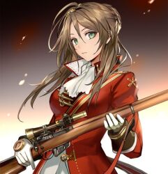 Rule 34 | 1girl, 6688km, bad id, bad twitter id, brown hair, gloves, green eyes, gun, lee-enfield (girls&#039; frontline), long hair, looking at viewer, red shirt, shirt, solo, twitter, upper body, weapon, white gloves