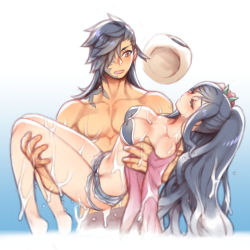 Rule 34 | 1boy, 1girl, :o, alternate costume, alternate hairstyle, bad id, bad pixiv id, bare legs, barefoot, bikini, black bikini, black hair, blue background, breasts, carrying, cleavage, closed eyes, collarbone, couple, cowboy shot, folks (nabokof), gradient background, hair over one eye, hat, unworn hat, unworn headwear, long hair, medium breasts, muscular, official alternate costume, open mouth, ponytail, princess carry, rokurou rangetsu, short shorts, shorts, simple background, sun hat, swimsuit, tales of (series), tales of berseria, topless male, torn clothes, torn shorts, unconscious, velvet crowe, wet, white background