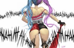 Rule 34 | 1girl, ass, back, baseball bat, belt, blue hair, crying, dc comics, ear piercing, elsevilla, from behind, harley quinn, highres, laughing, long hair, multicolored hair, off shoulder, piercing, purple hair, short shorts, shorts, solo, suicide squad, tank top, tears, twintails, two-tone hair