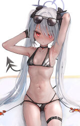 Rule 34 | 1girl, animal, armpits, belt, bikini, black belt, black bikini, black choker, black gloves, blue archive, blue halo, breasts, choker, collarbone, crab, eyewear on head, gloves, grey hair, h.yasai, halo, highres, iori (blue archive), iori (swimsuit) (blue archive), leg belt, long hair, looking at viewer, multi-strapped bikini bottom, navel, official alternate costume, red eyes, side-tie bikini bottom, simple background, sitting, small breasts, solo, sunglasses, swimsuit, tail, twintails, white background
