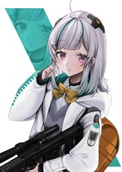 Rule 34 | 1girl, admi (nikke), ahoge, backpack, bag, blush, bow, bowtie, collared shirt, goddess of victory: nikke, green hair, grey sweater, hair ornament, hairclip, highres, holding, holding weapon, jacket, long sleeves, looking at viewer, medium hair, multicolored hair, open clothes, open jacket, pink eyes, randoseru, shirt, solo, streaked hair, sweater, weapon, white hair, white jacket, white shirt, yellow bow, yellow bowtie, ymr yamero, zoom layer