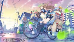Rule 34 | 1girl, absurdres, ahoge, animal ears, bicycle, bike shorts, blonde hair, blue skirt, building, cat ears, cat girl, cat tail, commentary request, full body, genshin impact, gift, gradient sky, green eyes, highres, house, kirara (genshin impact), kyouyasai4423, lamppost, long hair, long sleeves, manhole cover, multiple tails, official art, open mouth, outdoors, pink sky, road, road sign, shoes, shorts, shorts under skirt, sign, skirt, sky, smile, sneakers, solo, sunrise, tail, utility pole, visor cap, yellow sky