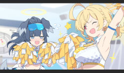 Rule 34 | 2girls, absurdres, ahoge, animal ears, arm up, armband, blonde hair, blue archive, blue eyes, blurry, blurry background, blush, breasts, cleavage, crop top, dog ears, eyewear on head, flying sweatdrops, halo, hibiki (blue archive), hibiki (cheer squad) (blue archive), highres, holding, holding pom poms, kotori (blue archive), kotori (cheer squad) (blue archive), laika (sputnik2nd), large breasts, letterboxed, long hair, looking at another, low twintails, multiple girls, nose blush, open mouth, pom pom (cheerleading), pom poms, ponytail, red eyes, shirt, short hair, short twintails, sidelocks, sleeveless, sleeveless shirt, small breasts, smile, sparkle, tail, twintails, v-shaped eyebrows